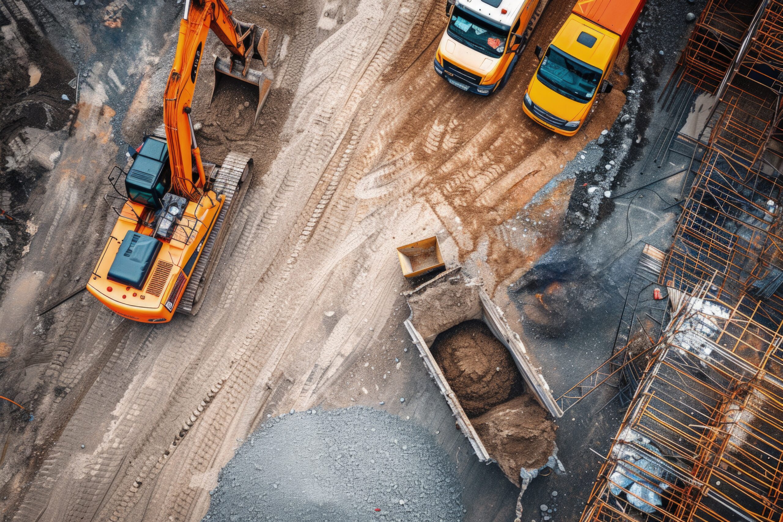 Vista panorámica de una obra de construcción moderna con maquinaria pesada trabajando en el movimiento de tierras.